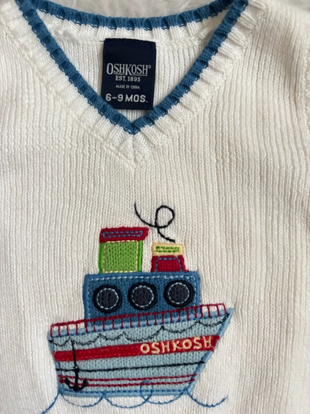 OshKosh Vintage White Knit Baby Sweater Vest with Blue & Red Boat Embroidery